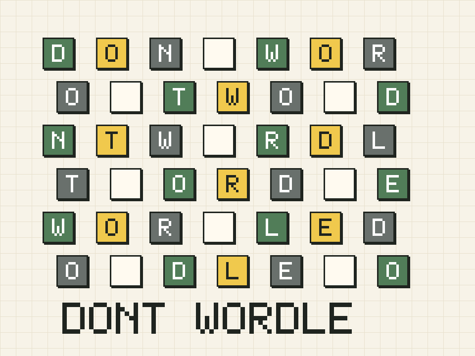 A Dont Wordle tile field showing green, amber, and gray reverse puzzle clues